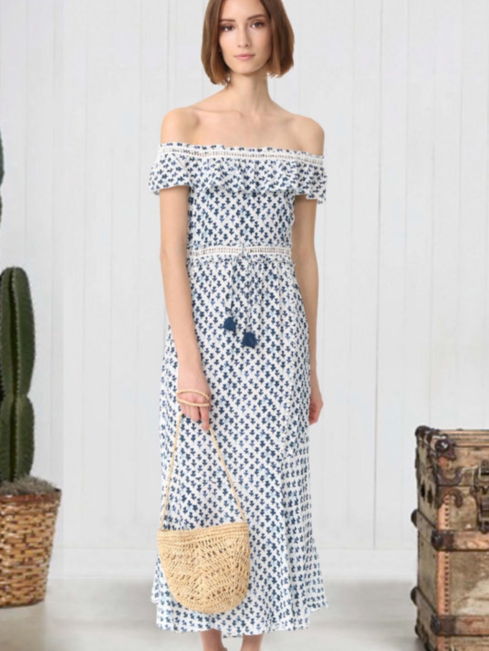SAYLOR Blue Juliette Off-Shoulder maxi dress in White and Navy Floral M